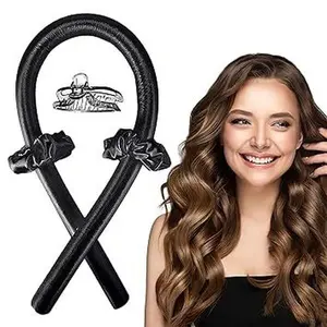 100% Organic Silk Heatless Curling Rod Headband Set Include Curling Rod,2 Scrunchies, Headband & Hair Claw Clip,Flexible Satin Heatless Long Hair Rollers, Soft DIY Wave Hair Rollers Styling Tool for Long Medium Hair Curls(Black)