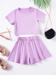 Girls Summer Casual Two-Piece Set, Round Neck Short Sleeve Top & Plain Shorts, Fitted Design, Comfortable Daily Wear