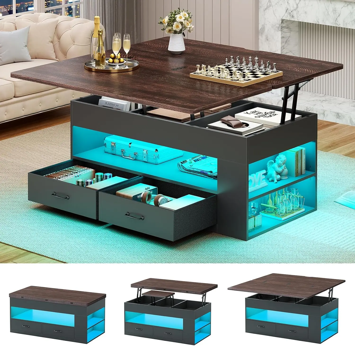 Sikaic Lift Top Coffee Table with Storage, 4-in-1 Farmhouse Coffee Table with Hidden Compartment, LED Light & 2 Fabric Drawers, Multifunctional Living Room Center Table, Black Christmas Gifts cozy home familyfun [TikTokShopblackfriday]
