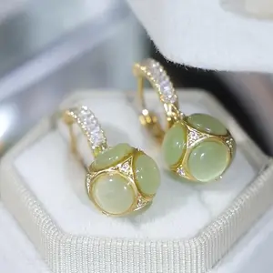 Women's Jade Round Ball Pendant Earrings 925 Sterling Silver Needle, Artificial Crystal Mosaic Anti-Allergic  Light Luxury Design Unique Gift for Spring Festival