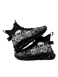 Men's Floral Skull Print Lace Up Front Fashion Boots, Colorblock High Top Boots for Men, Comfort Lightweight Sports Running Shoes, Male All-match Round Toe Shoes for Daily Wear, Fashionable Running Shoes