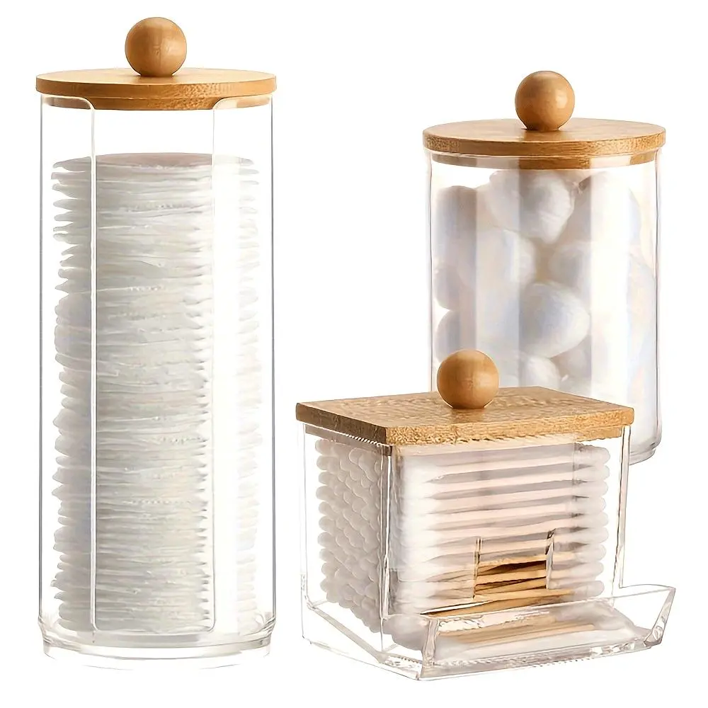 Bathroom Canister Set Pack - 3-Piece Multi-Size Home Organizer, Plastic & Powder Canister Storage Bottles & Jars with Wooden Lids (10 Oz, 7 Oz) for Cotton Swabs, Cotton Balls, Cylindrical, Modern
