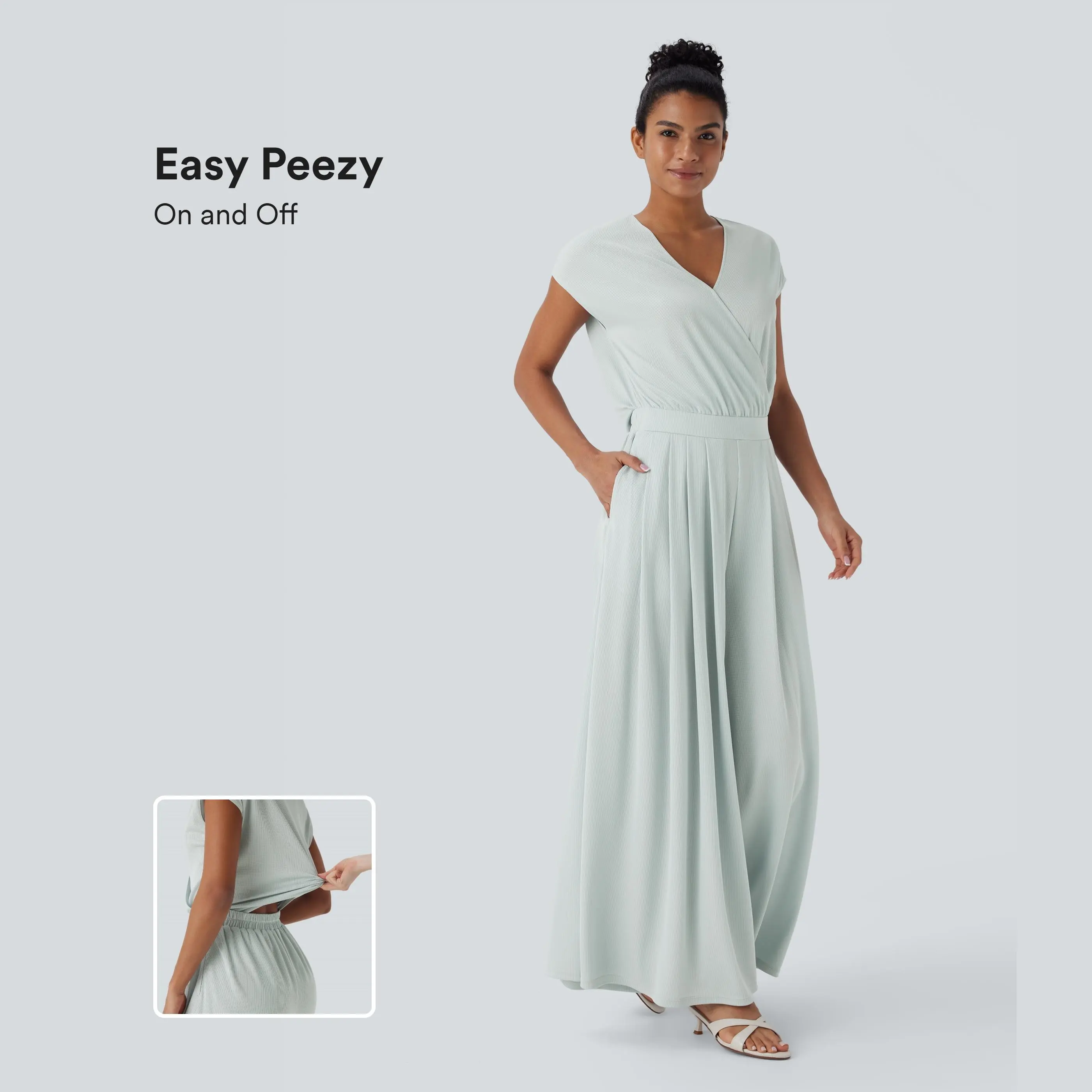 Halara V Neck Short Sleeve Side Pocket Wide Leg Flowy Waffle Casual Jumpsuit-Easy Peezy Edition