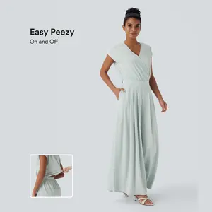 Halara V Neck Short Sleeve Side Pocket Wide Leg Flowy Waffle Casual Jumpsuit-Easy Peezy Edition