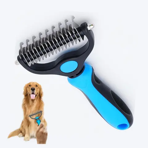 Double-Sided Pet Deshedding Brush - Hurtless 9 Wide Rounded-Tip Steel Teeth Undercoat Rake, 17 Fine Teeth Thin Dematt & Thin Comb, Self-Clean Grooming Tool for Dogs, Extra-Wide Topcoat Smoother, Christmas Gift