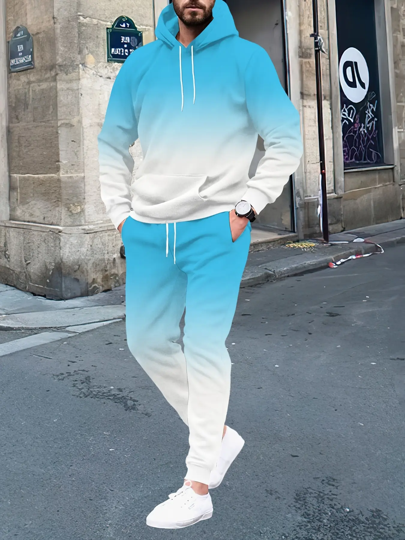 Men's Casual 2-piece Long Sleeve Hoodie, Sweater with Kangaroo Pocket and Sweatpants 2-piece set, Athleisure Tracksuit Sets, suitable for outdoor sports, autumn and winter