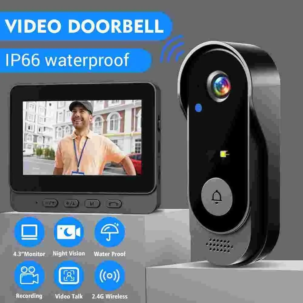 Wireless Video Doorbell with 4.3 Inch Color Screen, Night Vision, Waterproof Design, Long Battery Life, Supports Video Call & Two-Way Audio, Two Way Intercom, Wifi Doorbell