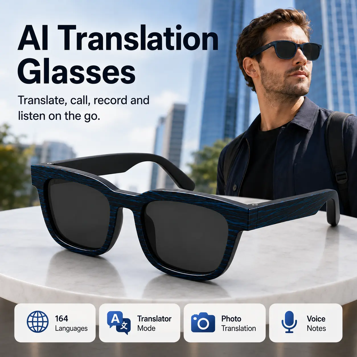 AI Translation Smart Glasses Wearables - 164-Language Support, Photo Translation, Dual-Ear Free Talk, Translator Mode, Calls, Music, Voice Notes, Recording, Adaptive Lenses, for Work & Travel