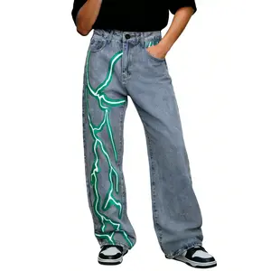 Men’s asymmetric wide-leg jeans with green and white line print, light wash, baggy denim pants
