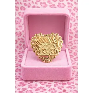 Cute ring - Gold Color Heart Design with Detailed Engraving, Presented in Pink Velvet Box