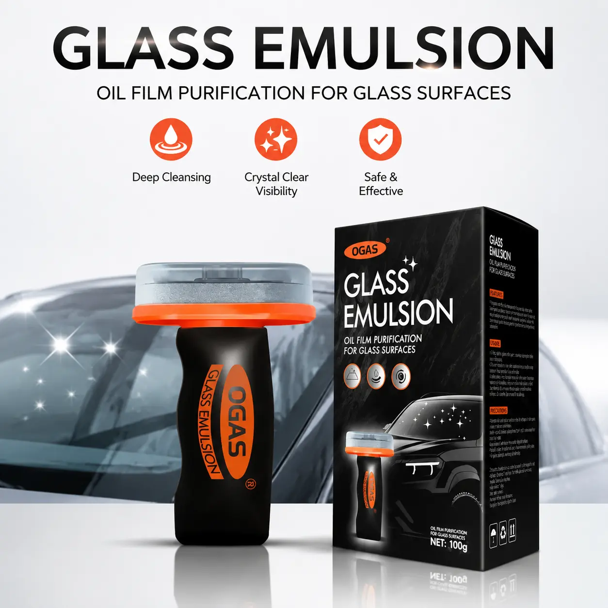 OGAS Automotive Handheld Oil Film Removal Cream - 100g Ammonia-Free Car Cleaning Supplies, Safe & Effective Detailing Degreaser, Portable Travel-Friendly Glass Cleaner with Decontamination, Non-Glare Finish, Instant Hydrophobic Shield, Detailing Products