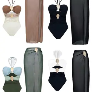 Color Block One Piece Swimsuit & Skirt Set - Fashionable Strapless Design with Elegant Skirt Options