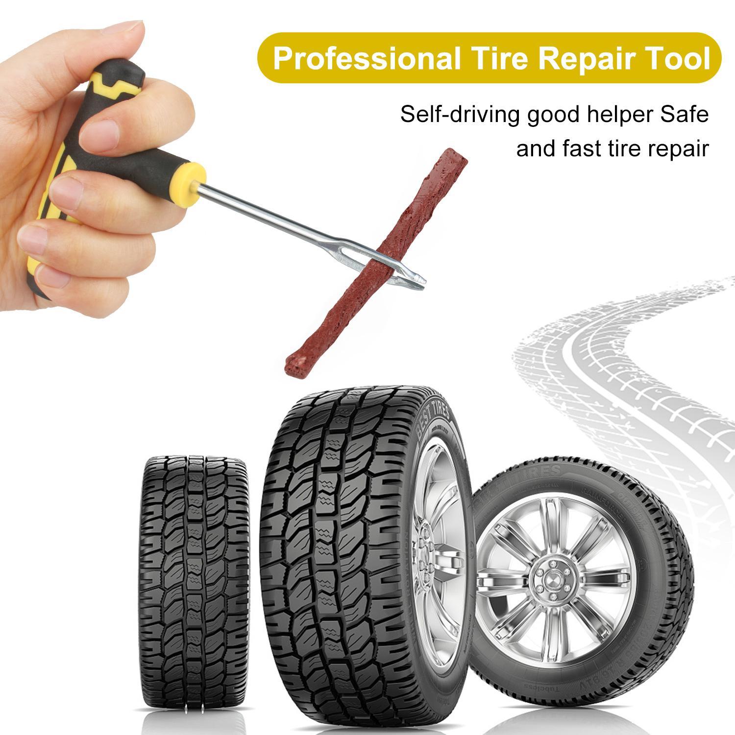 Heavy Duty Tubeless Tire Repair Kit: Flat Plug Tool w/ T-Handle & 55 Strings for Car Truck ATV