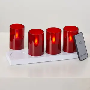 Rechargeable Red Glass Moving Flameless LED Votive Candles with Remote - Set of 4