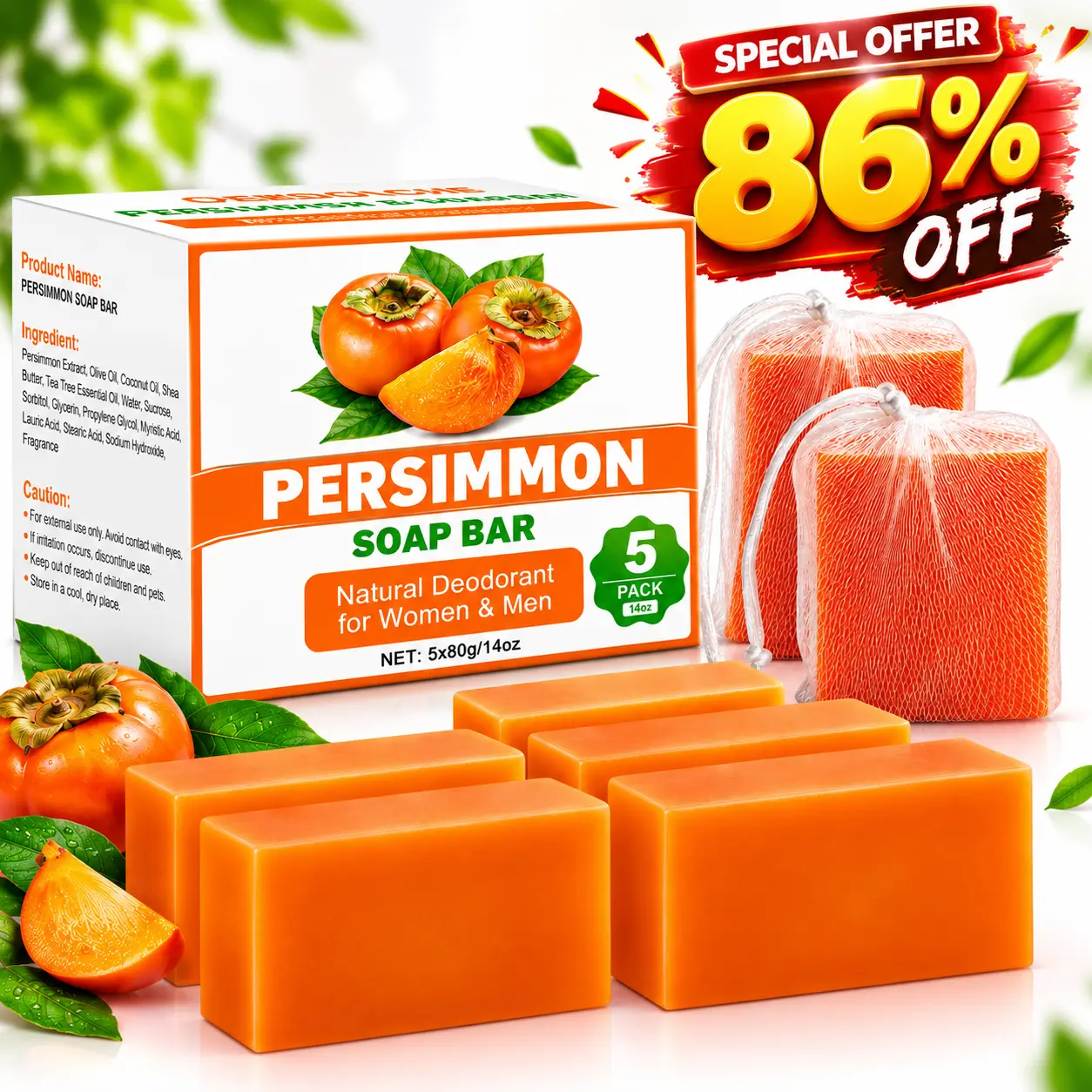 5 Pcs 80g Persimmon Soap Bar for Old People Smell Natural Refreshing Body Bar Soap for Body Odor Control, Suitable for All Skin Types,with 2 Foaming Mesh Nets