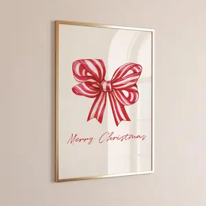 Candy Cane Bow Christmas Print, Festive Holiday Wall Art, Red and White Christmas Poster, Retro Holiday Decor, Digital Download Xmas Art Gift