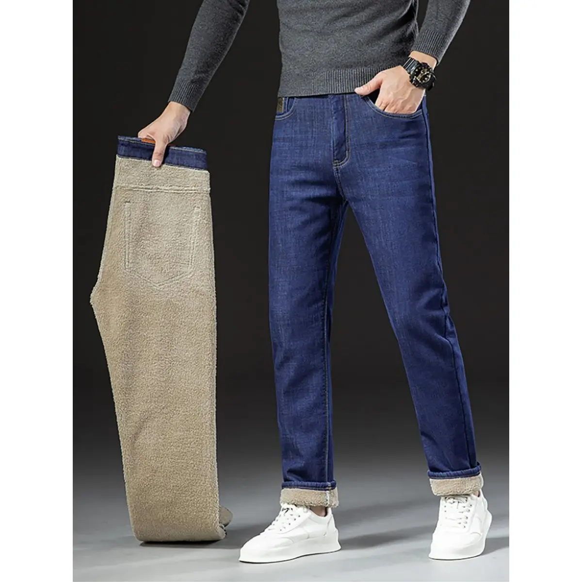 Men's Casual Loose Straight Leg Jeans - Thick Thermal Fleece Lined Plain Denim Trousers for Winter, Menswear