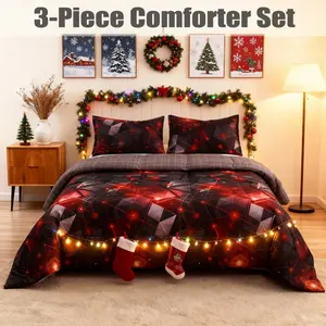 2/3pcs Luxury Red and Black Geometric Comforter Set, 3D Starry Sky Space Pattern Design, Reversible Glowing Neon Quilt Set for All Seasons,  Bed in a Bag, includes 1 Comforter And 1 or 2 Pillowcases, Machine Washable, Game Room Decor, Christmas Gift