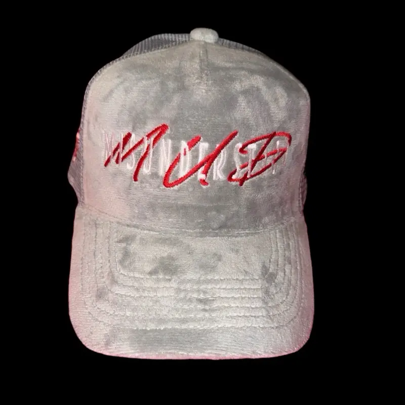 Misunderstood Grey Velvet Trucker Hat with Red Embroidery for Stylish Outfits