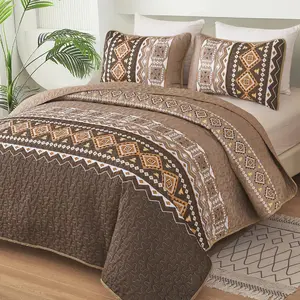Boho Quilt Set  Size,3 Pieces Brown Geometry Printed Bedspread Coverlet Set,Lightweight Microfiber  Set with 2 Pillowcases,96"x90"
