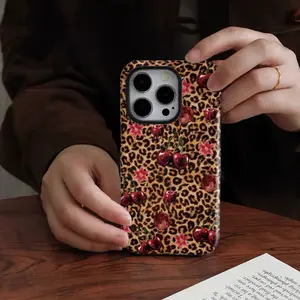 Leopard Cherry Pattern 2-in-1 Phone Case, Protective Cover for iPhone 11 12 13 14 15 16 17 Pro Max Pro Plus, Compatible with Samsung Galaxy S25 S24 S23 Ultra