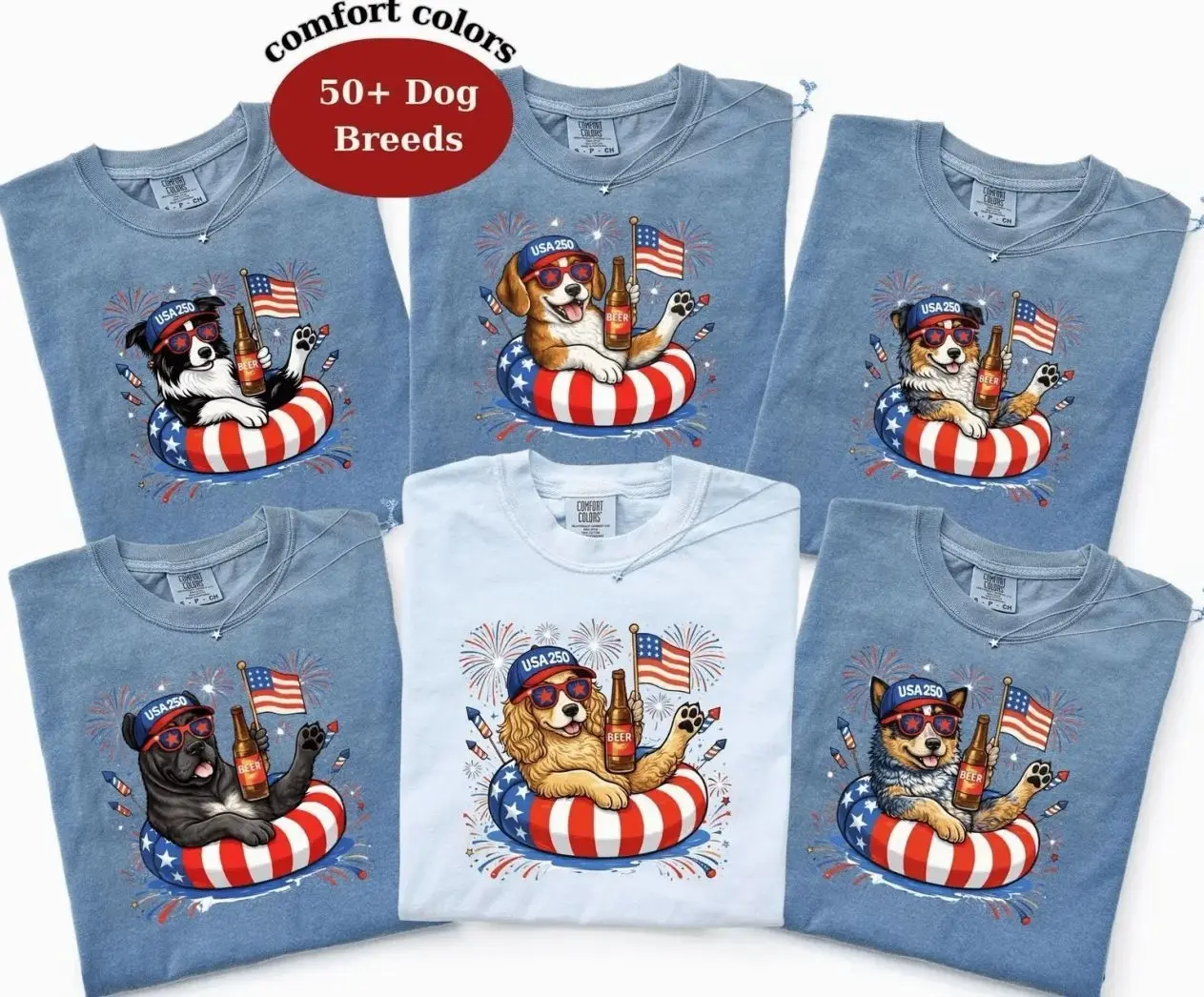 Comfort Colors Patriotic Dogs 4th of July Dog Shirt, 50+ Breeds Available, Custom USA Flag Graphic Tee with Fireworks Design, Trendy Oversized Casual Outfit, Stylish Semiquincentennial America 250 Celebration Gift Top Perfect for Dog Lovers INM