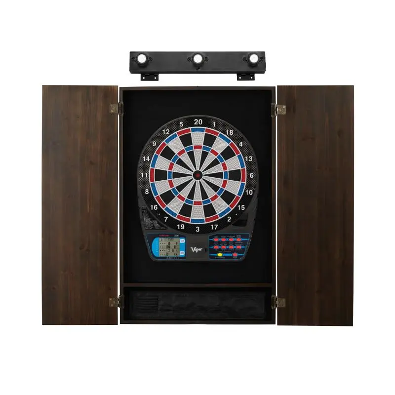 Darts Board Bundle - Electronic Darts Board with Metropolitan Espresso Pine Cabinet, Light, 16-Player Capacity, 43 Games, LCD Scoreboard