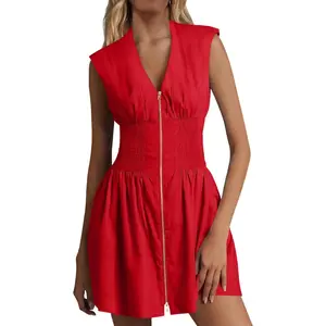 Fisoew Womens Sleeveless Tank Mini Dress Casual Zip Front V Neck Loose Summer Smocked Dresses with Pockets #SummerVibes