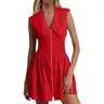 Fisoew Women's Sleeveless V-Neck Zip-Front Smocked Loose Cotton Mini Dress with Pockets, Breezy Sleeveless Casual Dresses, Lightweight Fabric Feels Airy All Day, for Vacation Beach Outfits, Womenswear Fashion Apparel