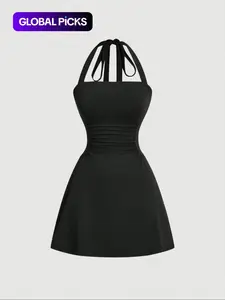 Women's Solid Fit Ruched Tie Back Backless Halter Neck Dress, Casual Fashion Womenswear Sleeveless A Line Short Dress for Summer, Women's Dress for Beach Holiday