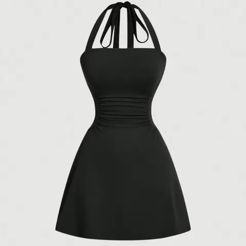 Women's V Neck Waist Cinched a Line Dress, Casual Sleeveless Slim-Fit Skirt, Plain Surface Tie Back Design, Batch Number 2410