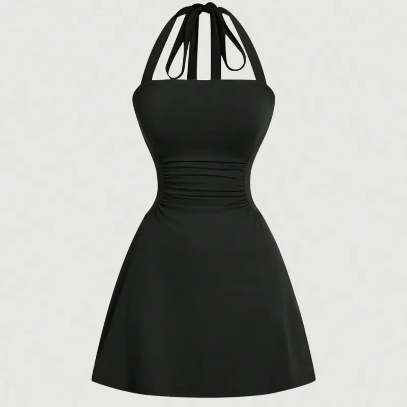 Women's V Neck Waist Cinched a Line Dress, Casual Sleeveless Slim-Fit Skirt, Plain Surface Tie Back Design, Batch Number 2410