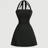 Women's V Neck Waist Cinched a Line Dress, Casual Sleeveless Slim-Fit Skirt, Plain Surface Tie Back Design, Batch Number 2410