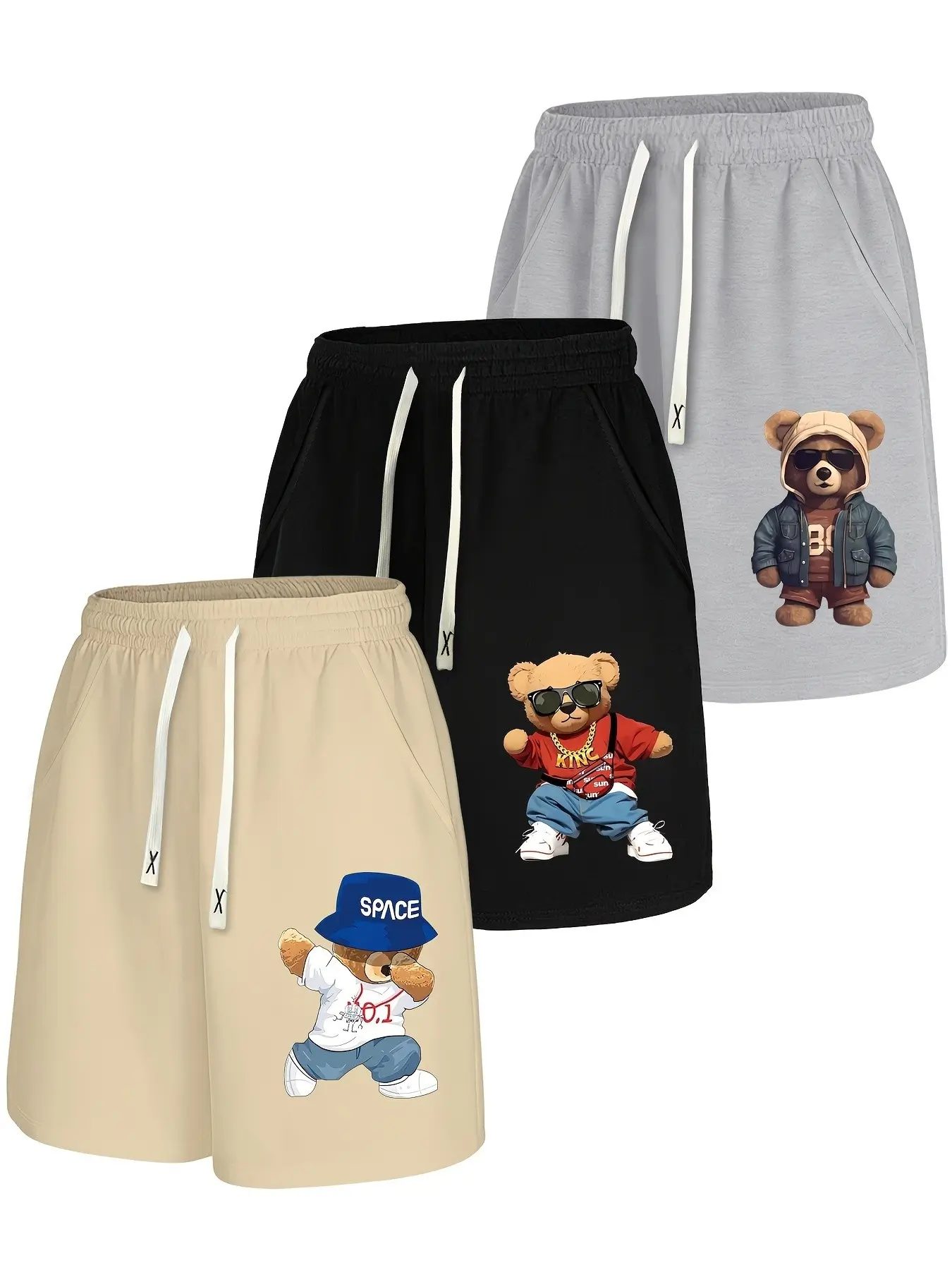 3-Pack Plus Size Men's Cartoon Bear Print Casual Shorts, Drawstring Loose Fit American Street Style Five-Quarter Pants