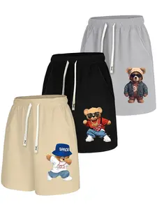3-Pack Plus Size Men's Cartoon Bear Print Casual Shorts, Drawstring Loose Fit American Street Style Five-Quarter Pants