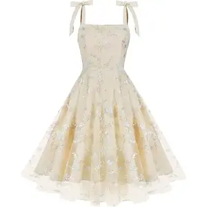Summer Floral Embroidery Mesh Midi Dress Women Casual Formal Wedding Cocktail Prom Dress Sleeveless A-Line Vintage Swing Dress Clothes Womenswear