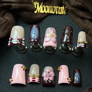 Moonovate | PLUM PUDDING 10pcs Handmade Press On Nails Almond Nails REUSABLE 3D Gel Fake Nails Acrylic Press On Nails											