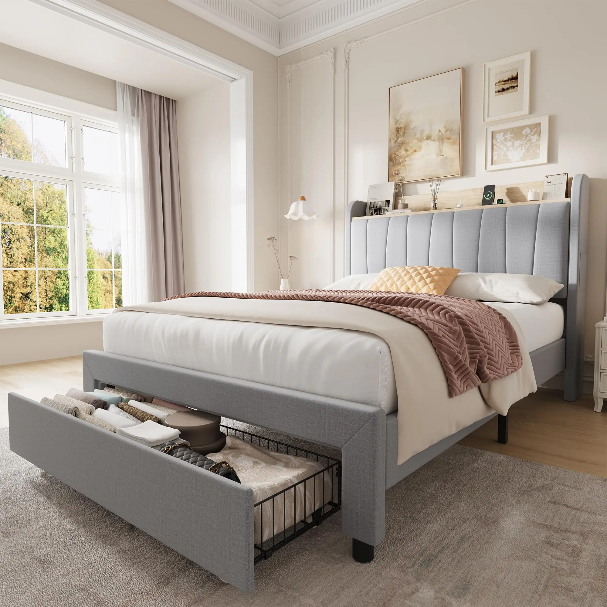 Upholstered Platform Bed Frame with Storage Headboard/Drawers, Integrated Charging Station (2 USB Ports & AC Outlets), Heavy Duty, Easy Assembly, Noise-Free