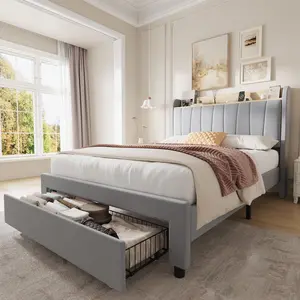 Upholstered Platform Bed Frame with Storage Headboard/Drawers, Integrated Charging Station (2 USB Ports & AC Outlets), Heavy Duty, Easy Assembly, Noise-Free