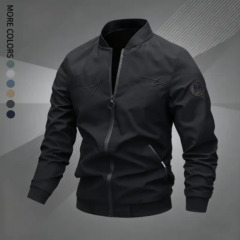 Men's Letter Embroidered Pilot Jacket - Longsleeves Woven Fabric Menswear Top, Casual Fit Outerwear, 4-Season Fashionable Coat for Daily, Work, New Year Use