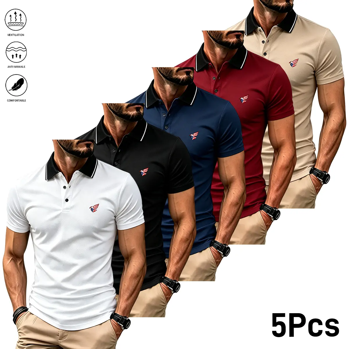 5PCS men’s short-sleeve polo shirts, including quick-dry short-sleeve polos suitable for golf and tennis; comfortable cycling apparel, 2026 new printed polo shirt design—a summer essential and a Father’s Day gift recommendation.Men’s golf polo shirt for w