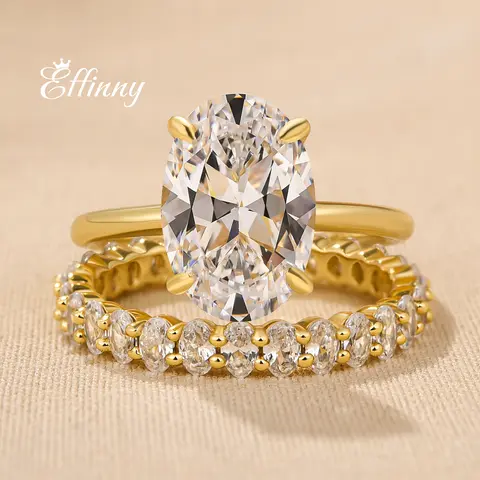 Effinny Female 5 Carat Oval Cut Golden 5A Cubic Zirconia Wedding Ring Set, Daily Promise & Bridal Ring for Travel