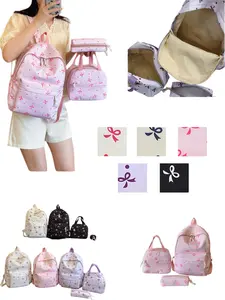 Women's Student Floral Print Backpack Set, Lightweight Large Capacity Casual Travel Bag, Cute Bow Design Daily Commute & Outdoors, Versatile Usage