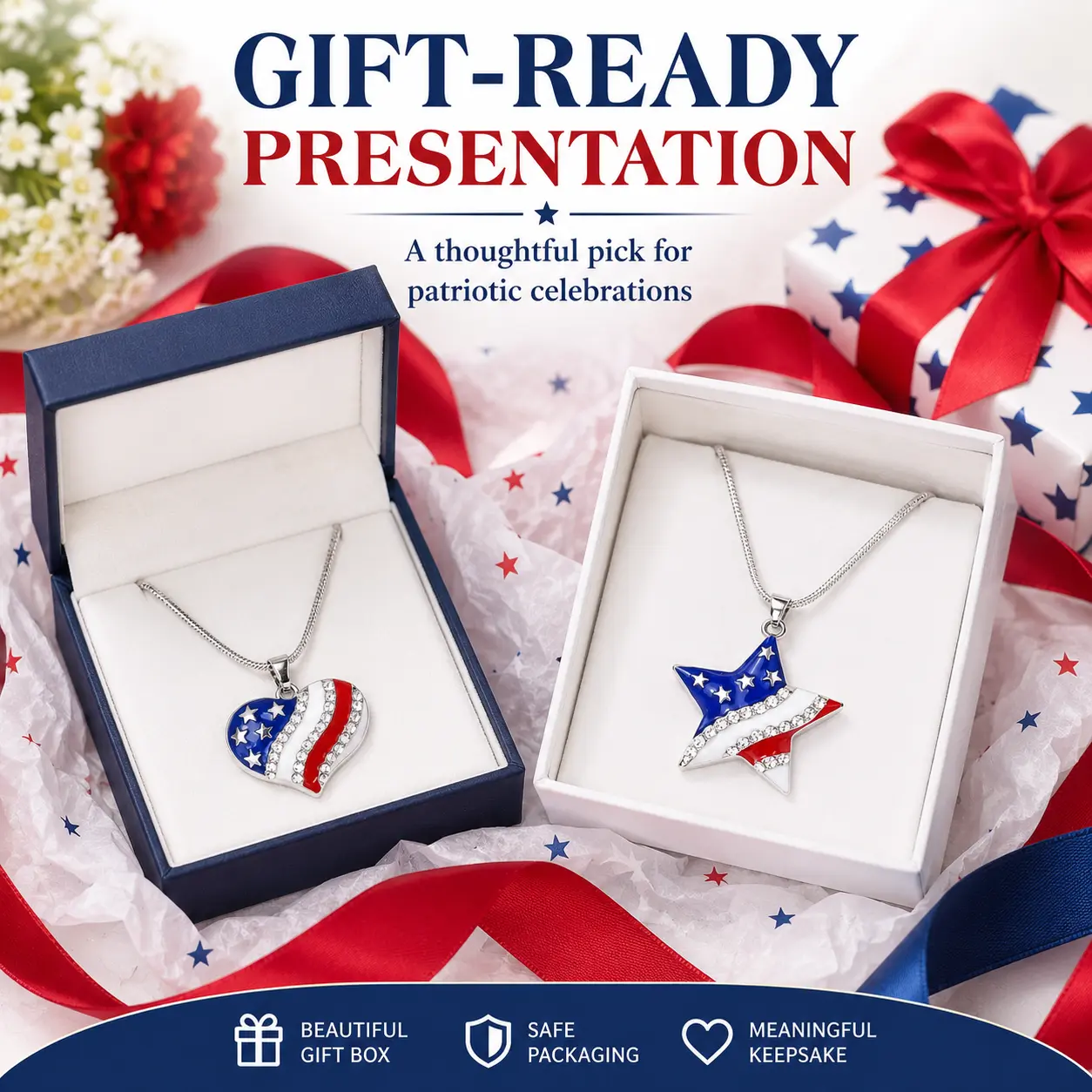 Patriotic American Flag Pendant Necklace for Women - 4th of July Independence Day Heart & Star Crystal Jewelry, 2026 250th Anniversary Patriotic Gift for Her