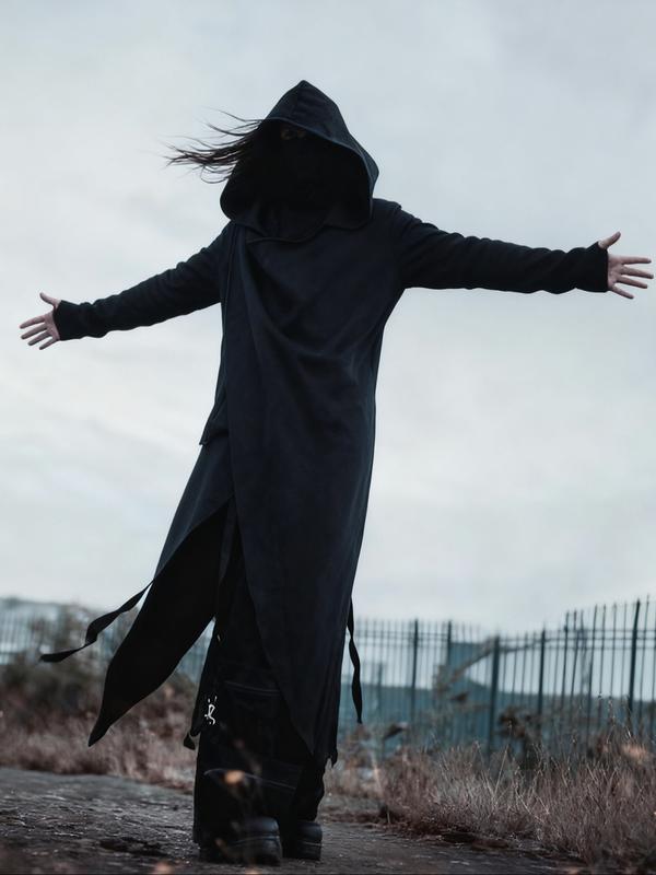 Men's Black Hooded Cyberpunk Maxi Coat – Asymmetric Design, Stylish Outerwear for Street Fashion & Cosplay