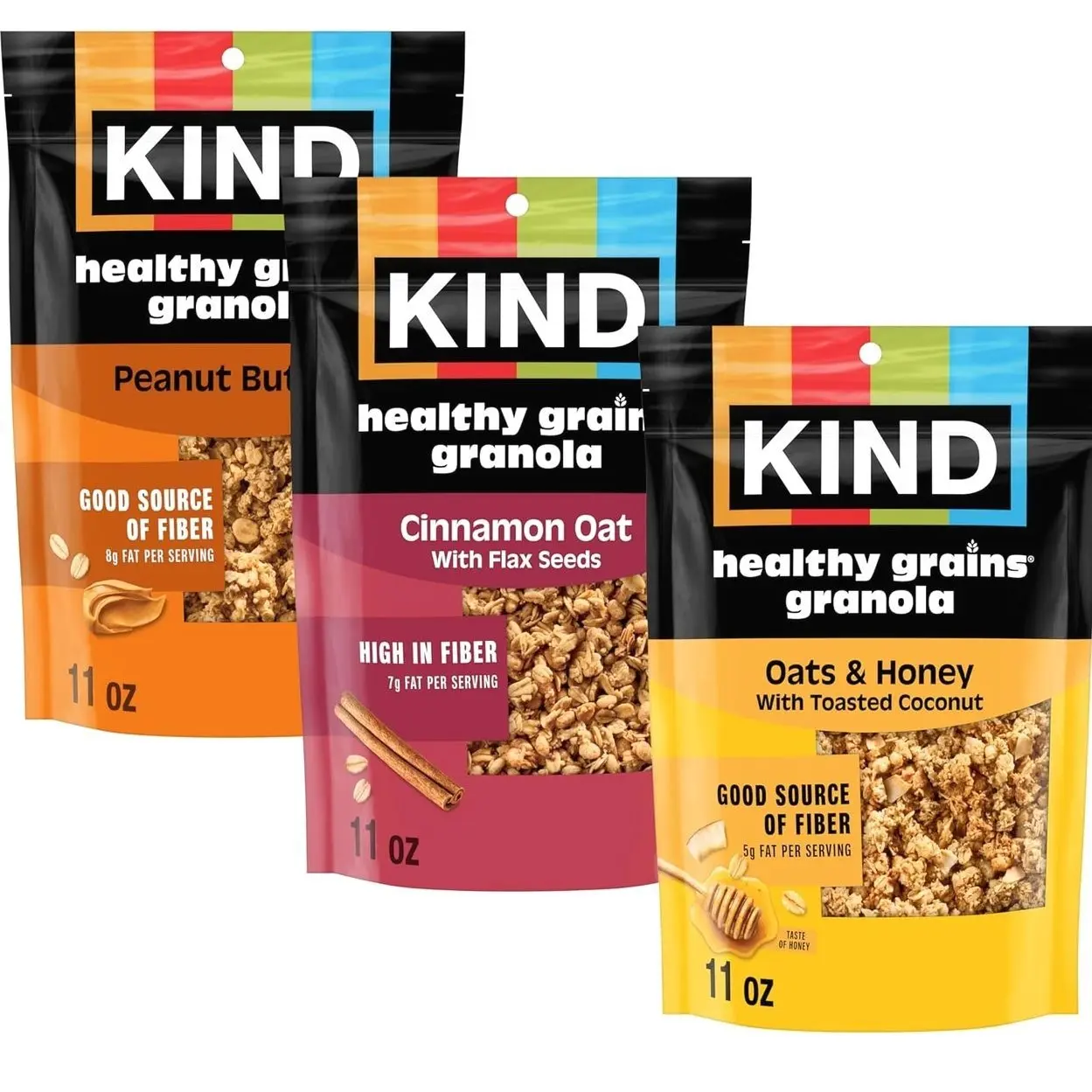 Kind Healthy Grains Granola Variety Pack, Gluten Free, Healthy Snack Mix, Peanut Butter, Cinnamon Oat, Oats & Honey, 5-10g Protein, 11oz, 3 Count