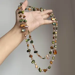 Handmade Boho Chic Necklace - Irregular Natural Shell and Crystal Beaded Long Chain - Earthy Tones Green Amber Aesthetic Jewelry - Ethnic Tribal Statement - Personalized Gift for Nature Lovers Stainless Steel Layered Cross juliette gianna earrings
