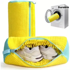 Durable shoe bag, single shoe washing machine bag | Yellow with blue zipper, oval laundry bag, filled with rich plush and chenille fabric to reduce noise, elastic nylon zipper suitable for all kinds of shoes, can be washed in dishwasher/washing machine