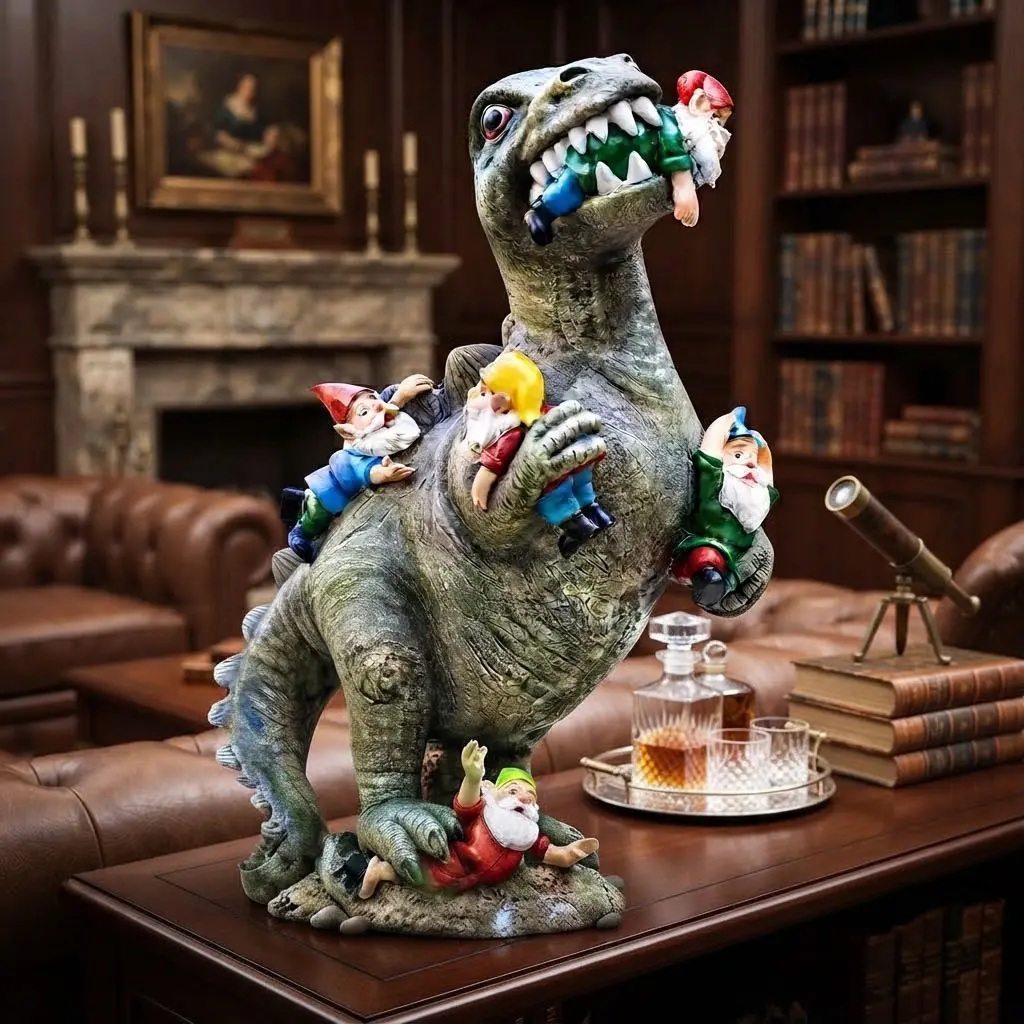 Hilarious Dinosaur Eating Gnomes Garden Statue – Funny T-Rex Attacking Garden Gnomes Figurine – Creative Resin Yard Art & Prank Sculpture for Outdoor Lawn, Patio, Yard Decor, & Unique Gag Gift for Gnome and Dinosaur Lovers,Lawn Ornament