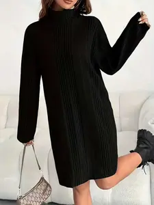 Women's Spring Autumn Plain High Neck Long Sleeve Striped Knit Dress, Elegant Fitted Casual Wear, Perfect for Fall & Winter